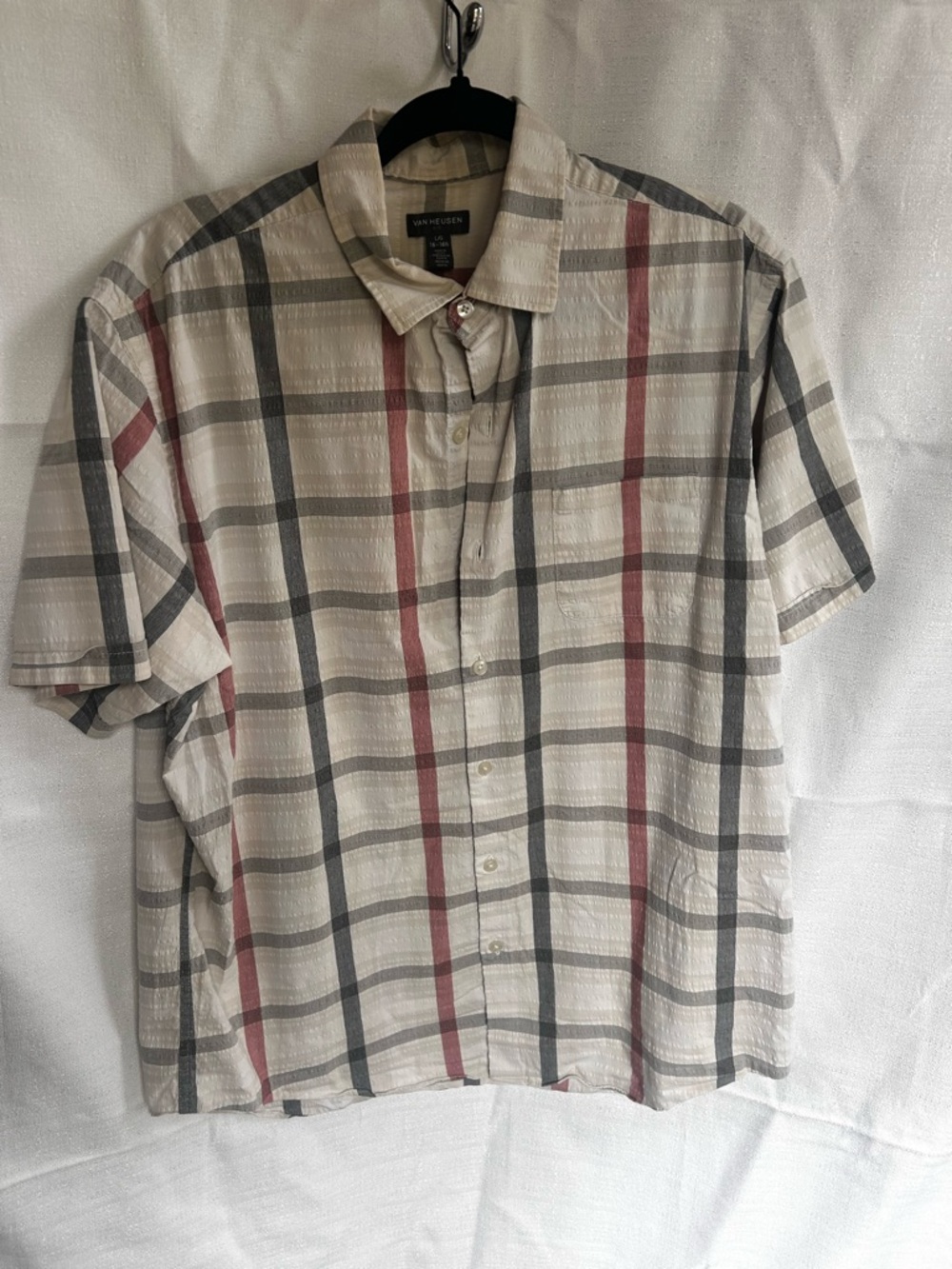 Van Heusen Short-Sleeve Button-Down Shirt - Cream with Gray & Red Plaid